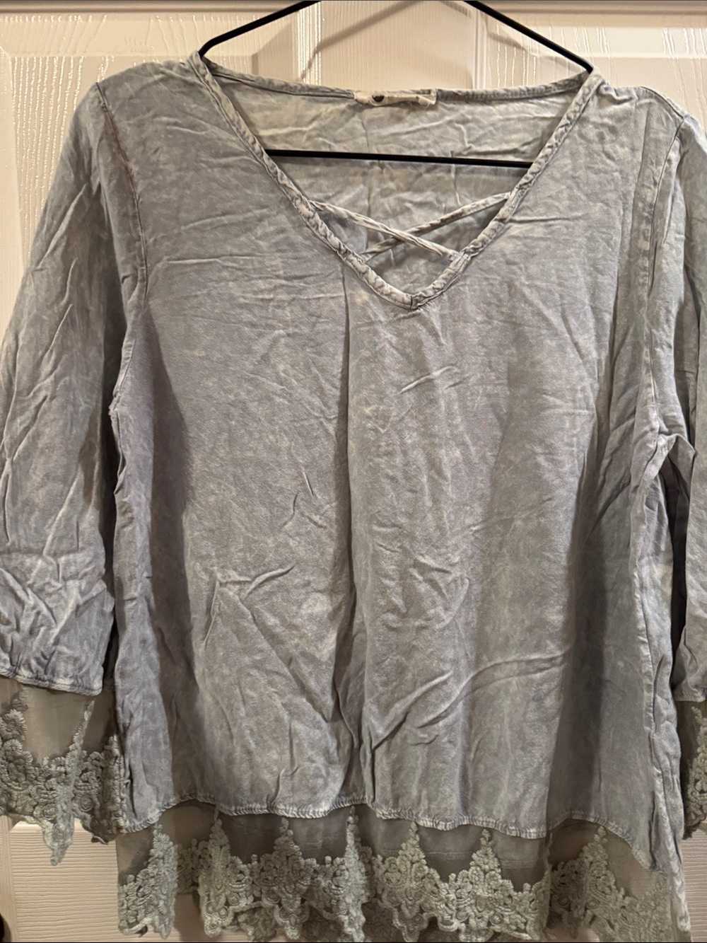 Women’s Light Gray Lace-Hem V-Neck Top with Crisscross Detail